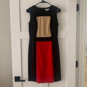 Calvin Klein black, red and tan dress